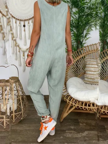 Gray Crew Neck Sleeveless One-Pieces