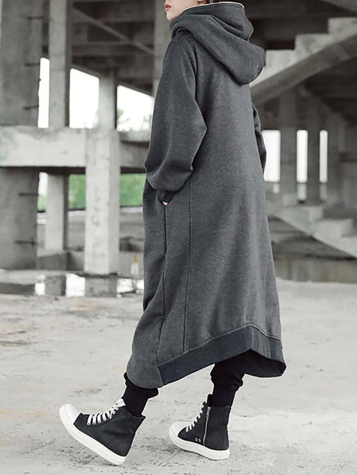 Hooded Long Sleeve Zip Irregular Long Coat