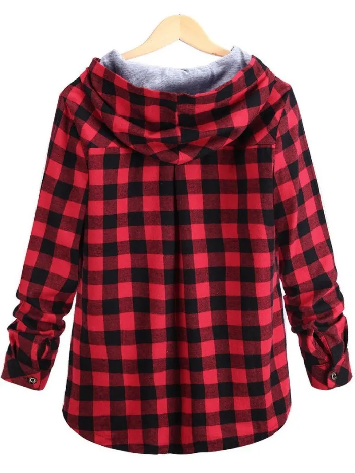 Casual Long Sleeve Hooded Plaid Plus Size Coat