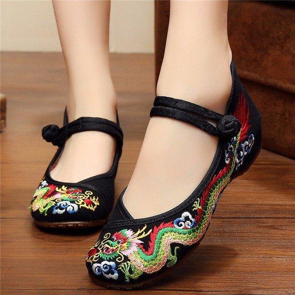 Colorful Vintage National Wind Chinese Embroidered Dragon Mary Janes Flat Shoes