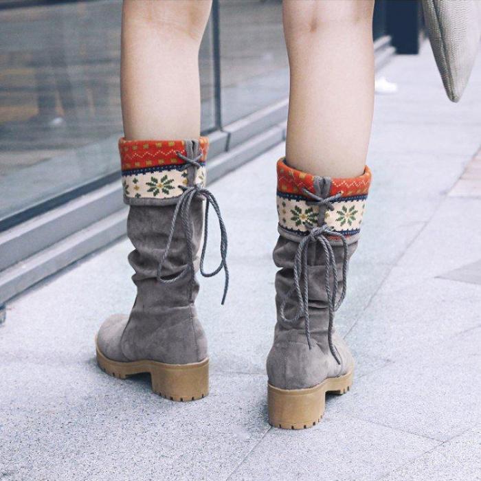Women Vintage Printed Artificial Nubuck Holiday Lace-Up Boots