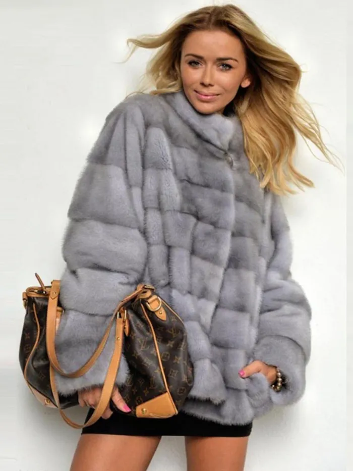 Plus Size Stand Collar Thick Faux Mink Fur Leather Parka Jacket Peacoat