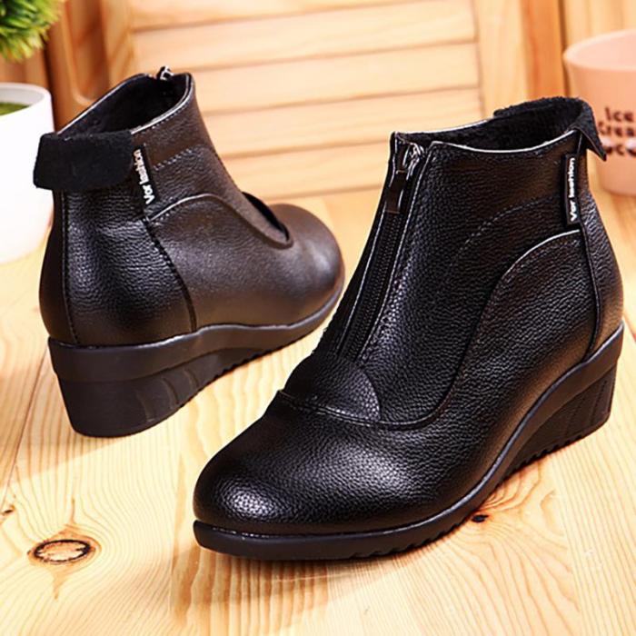 Women PU Booties Casual Comfort Zipper Low Wedge Heel Shoes