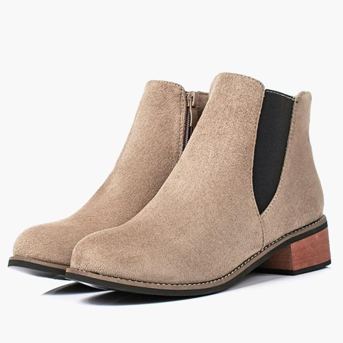 Women Flocking Booties Casual Comfort Zipper Chunky Heel Shoes