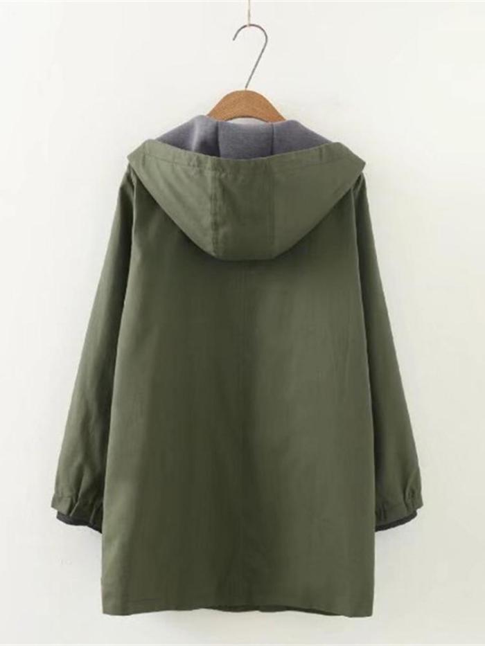 Casual Women Pockets Hooded Trench Appliqued Long Sleeve Hoodie Coat