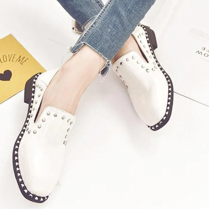 Women Patent leather Rivet Low Heel Loafers Casual Comfort Shoes
