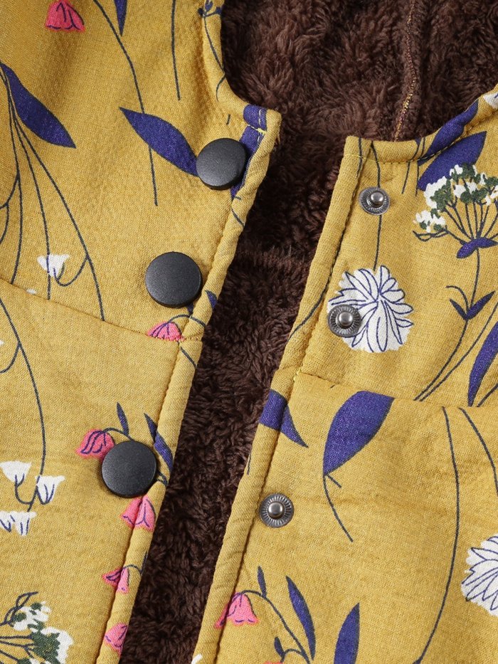 Vintage Floral-Print Hoodie Buttoned Long Sleeve Coat