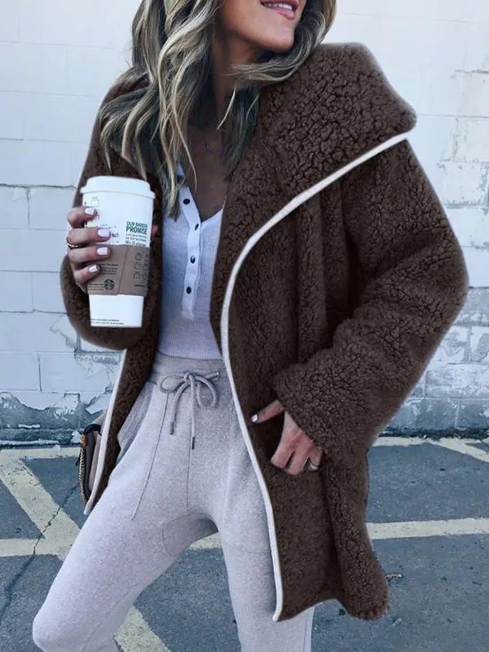 Women Hooded Sherpa Coat Shawl Collar Solid Teddy Bear Coats