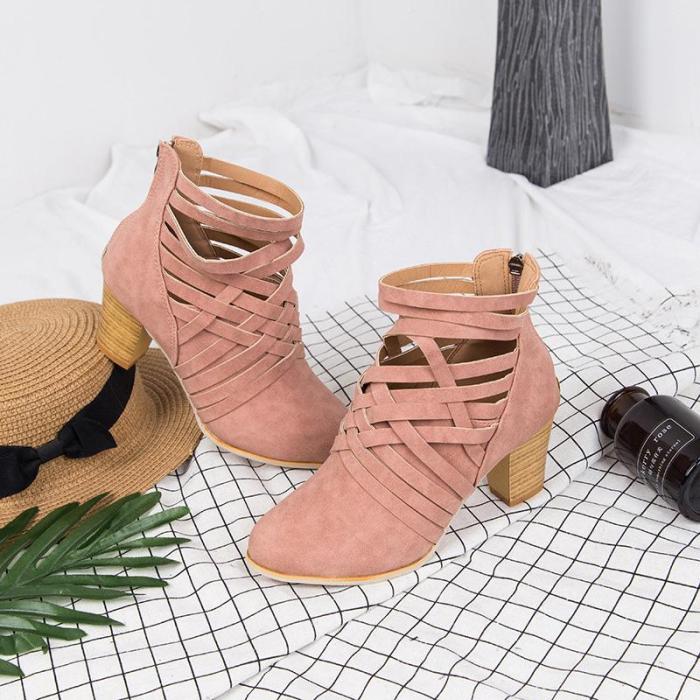 Weave Zipper Casual Chunky Heel Suede Boots