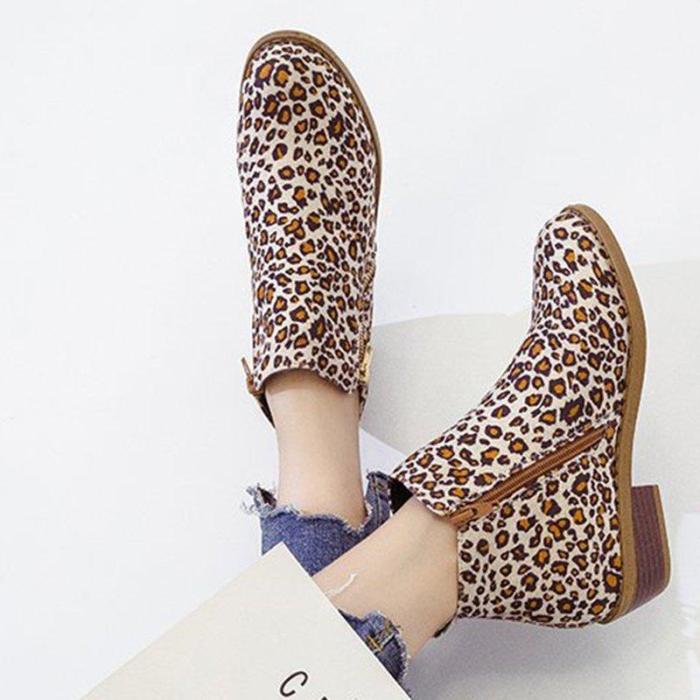 Women Ankle Boots Casual Chic Zipper Boots Artificial Leather Leopard Booties