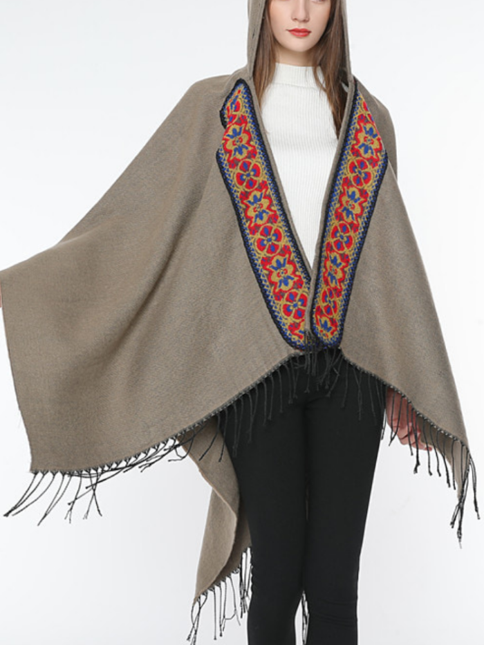 Hoodie Solid Vintage Paneled Winter Cardigans Wool Blend  Woven Cape