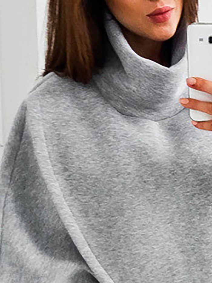 Asymmetric Cotton-blend Casual Turtle Neck Hoodies & Sweatshirt