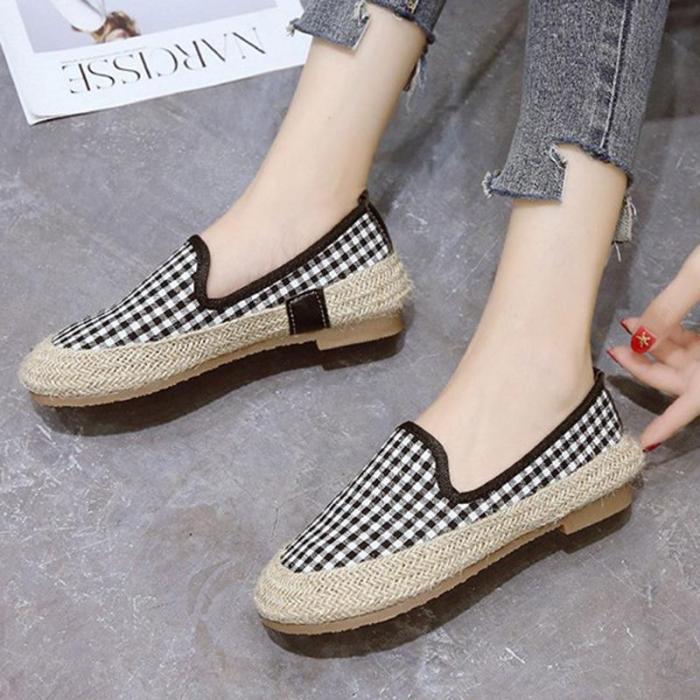 Women Canvas Loafers Casual Slip On Flat Plaid Shoes