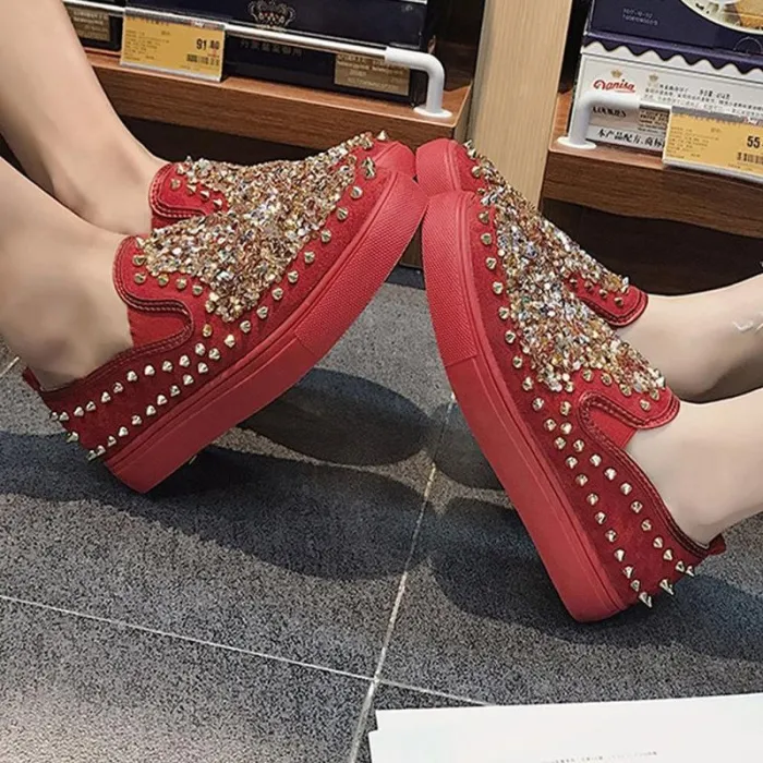 Red PU Spring/Fall Rhinestone Loafers