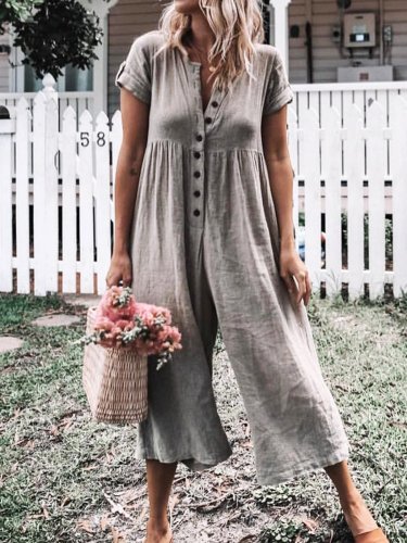 Women Casual Solid Short Sleeve Romper Jumpsuits