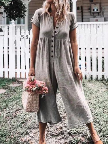 Women Casual Solid Short Sleeve Romper Jumpsuits