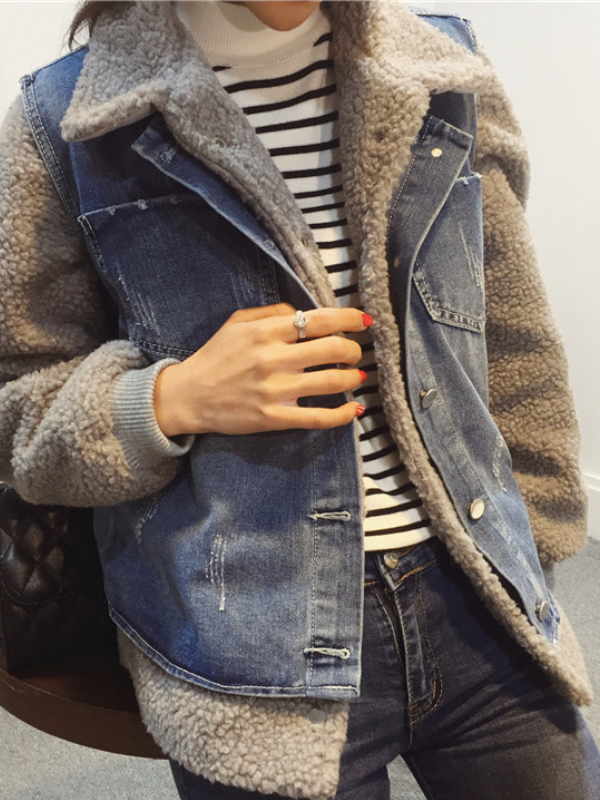 Two Piece Cotton-Blend Plus Jeans Jacket Casual Coat