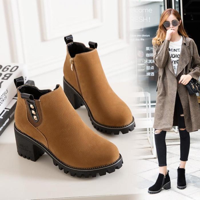 Women Spring Ankle Zipper Chunky Heel Suede Boots
