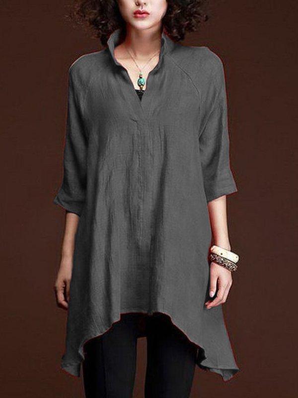 Casual 3/4 Sleeve V Neck Solid Plus Size Tops