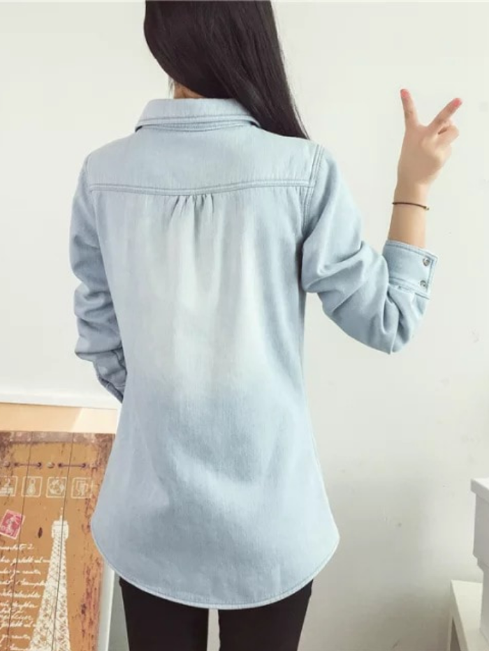 Leopard Lining Denim Shirt Collar Long Sleeve Outdoor Coat