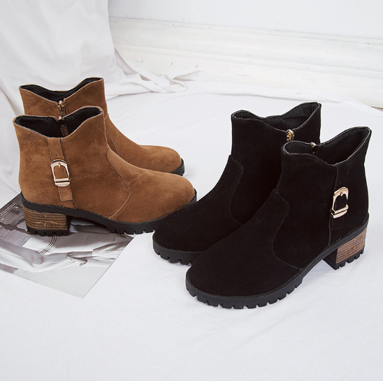 Brown Zipper Business Chunky Heel Suede Boots