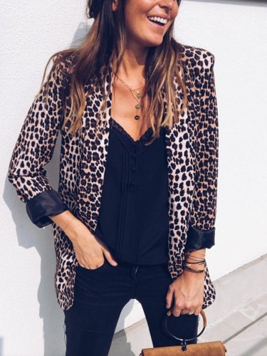Brown Leopard Print Long Sleeve Printed Lapel Blazers