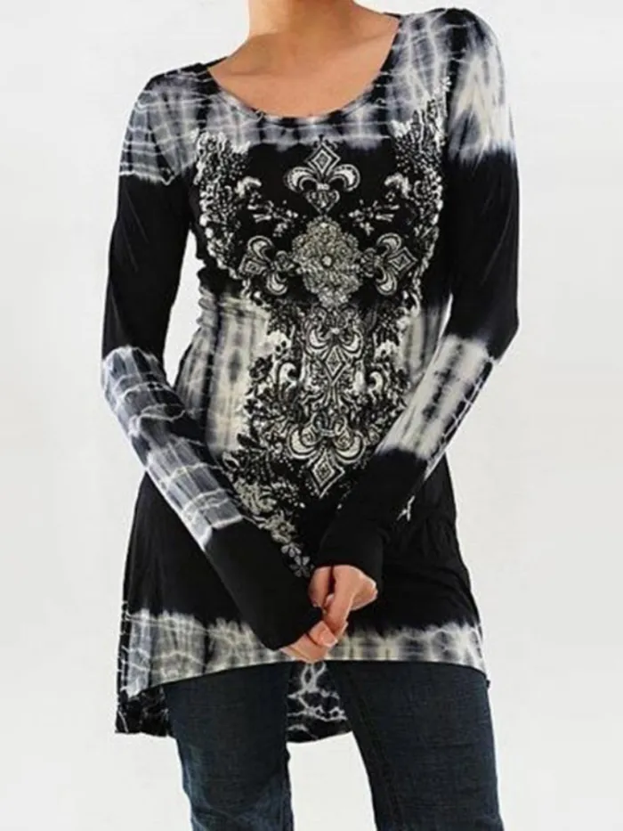 Long Sleeve Floral-Print O-Neck Vintage T-Shirts