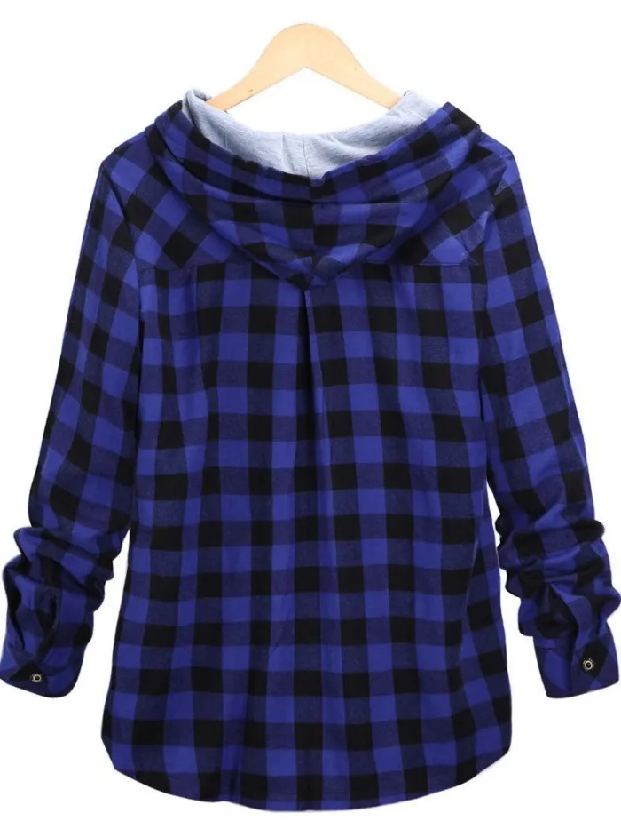 Casual Long Sleeve Hooded Plaid Plus Size Coat