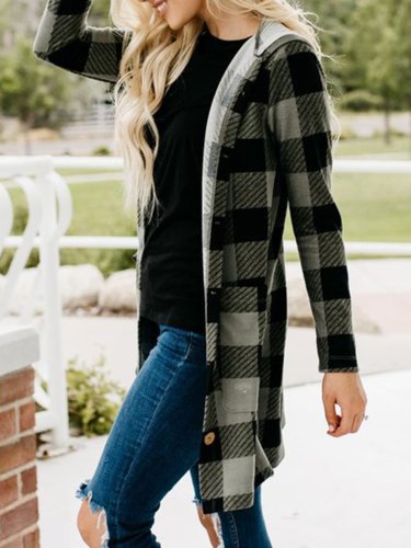 Gingham Casual Buttoned Women's Boyfriend Cardigans With Hoodie