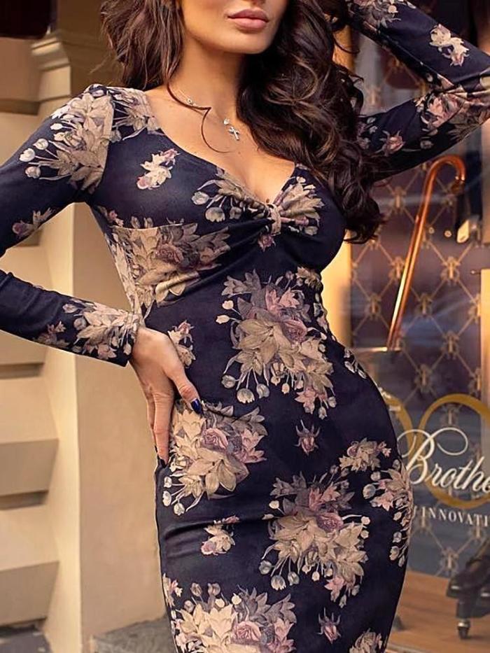 Fashion V Neck Printed Colour Long Sleeve Bodycon Dresses