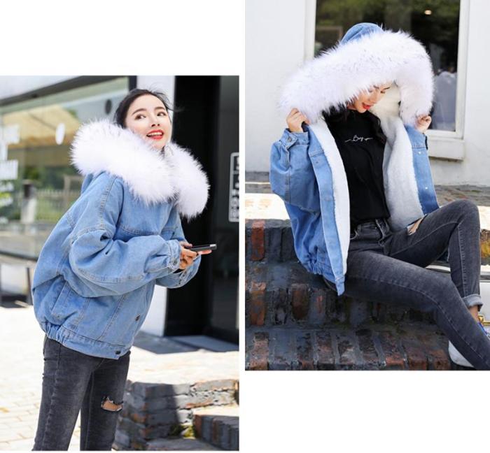 Winter Denim Jacket Fashion Blue Jeans Jacket Coat Fur Collar Oversize Outwear