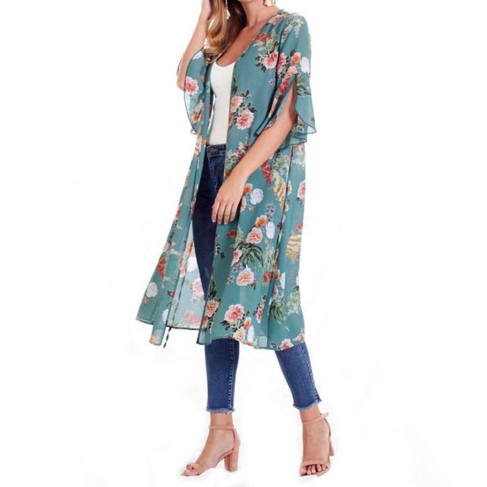 Female European And American Printed Chiffon Bat Sun Protective Cardigan