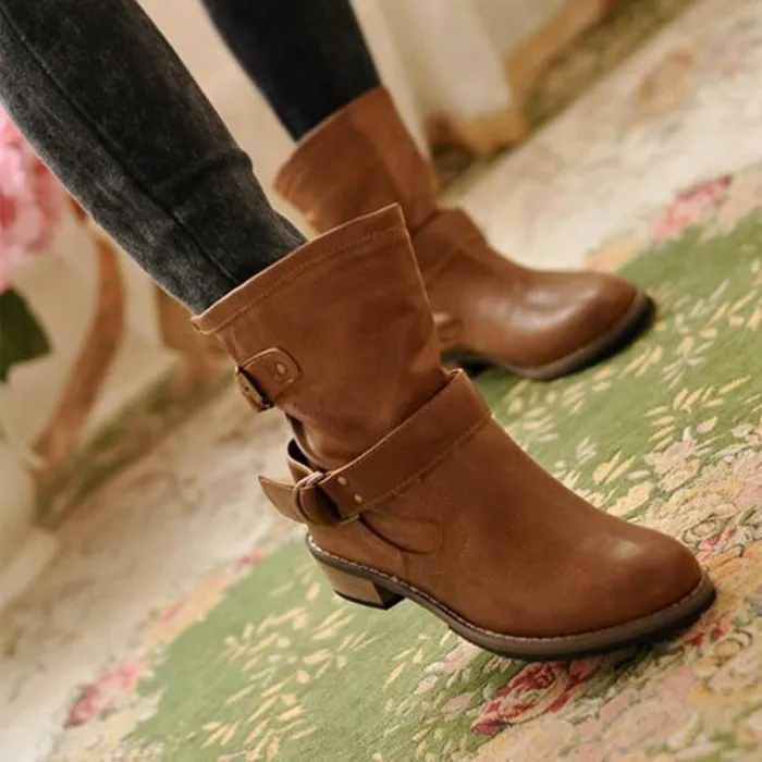 Buckle Strap Boots Women Mid-Calf Shoes