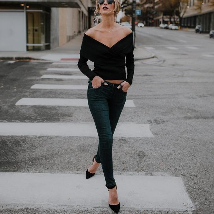 Stylish V-Neck With An Off-The-Shoulder Knit Top