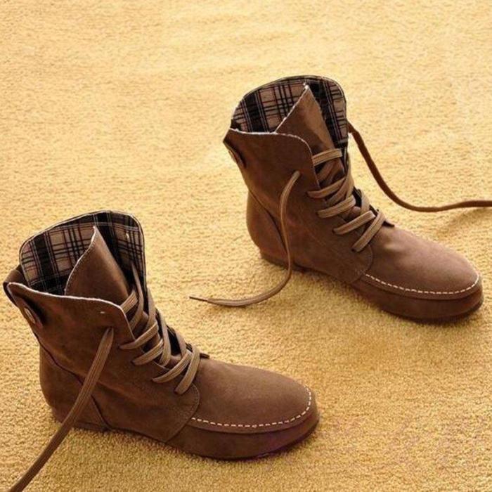 Plus Size Flock Ankle Lace-Up Flat Boots