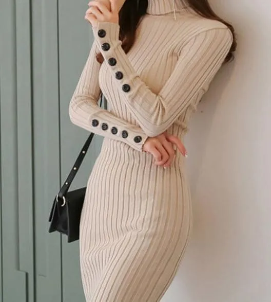 Casual Sexy High   Collar Pure Color Knitted Sweater Maxi Dresses
