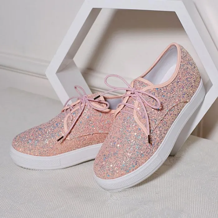 Casual Brisk Paillette Lace-Up Wedges Heels Sneakers