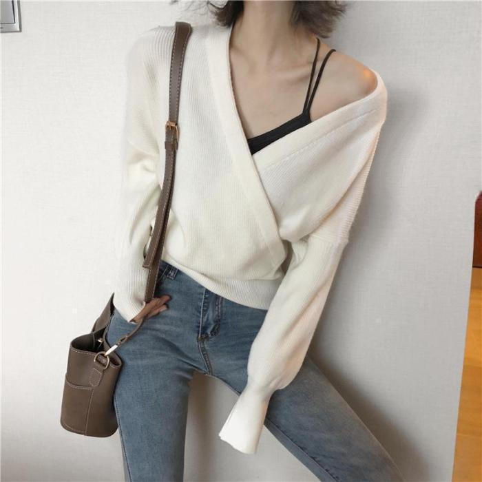 Fashion Sexy V Neck Pure Color Knitted Sweater