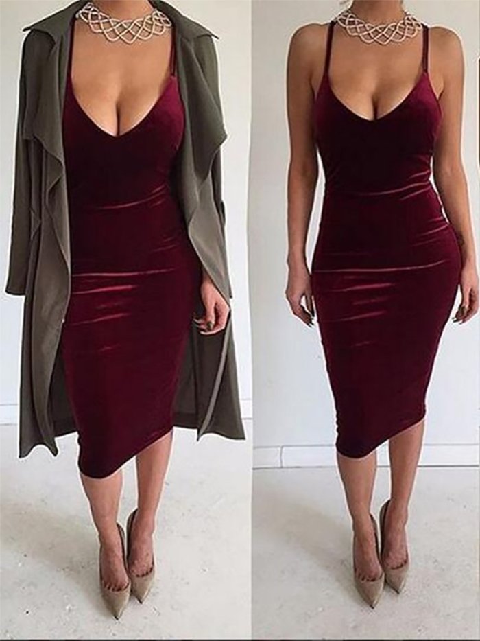 Sexy Deep V Sling Bare Back Velvet Bodycon Dresses