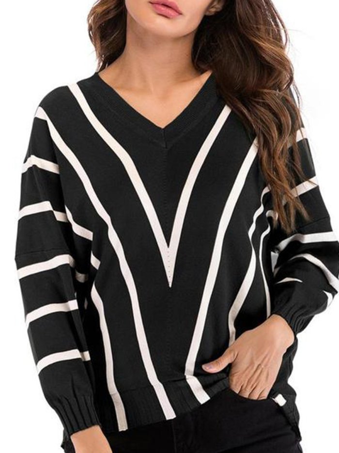 V  Neck  Striped  Basic Sweaters