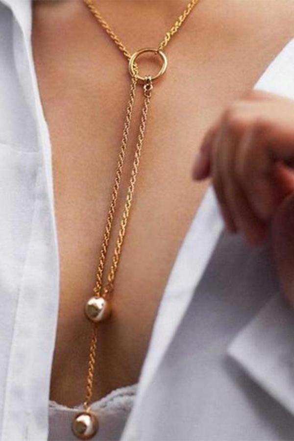 Fashion Vintage Simple Bead Clavicle Sweater Chain Metal Iron Ring Necklace