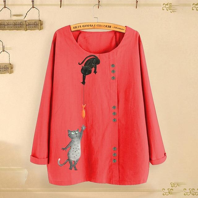 Cat Fish Print Shirt Round Neck Long Sleeve Cotton Linen Casual Blouse