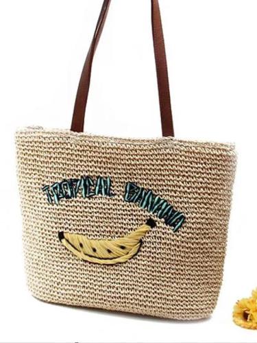 Women's Casual Banana Print Woven Straw Tote Bag
