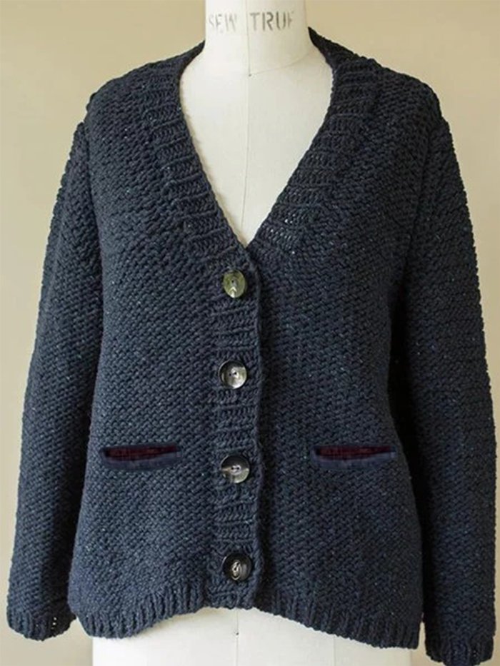Casual Plain Knitted V-neck Long Sleeve Buttoned Sweater