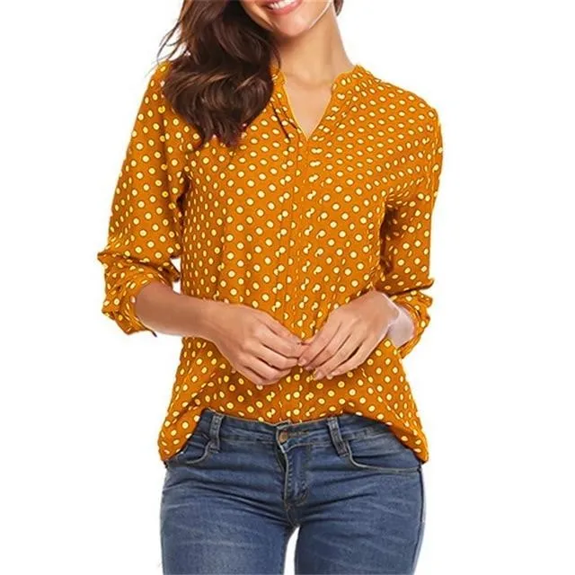 Plus Size Polka Dot Chiffon Blouse Shirts V-neck Long Sleeve Tops
