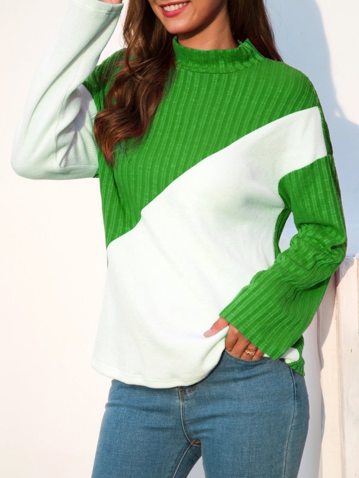 Color-Block Paneled Long Sleeve Stand Collar Shift Sweaters