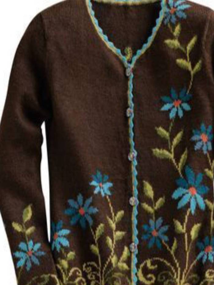 Long Sleeve Cotton-blend Crew Neck Casual Floral Vintage Knitted Cardigans