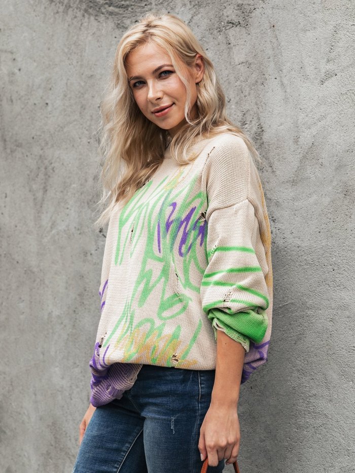 Long Sleeve Shift Color-Block Crew Neck Sweater