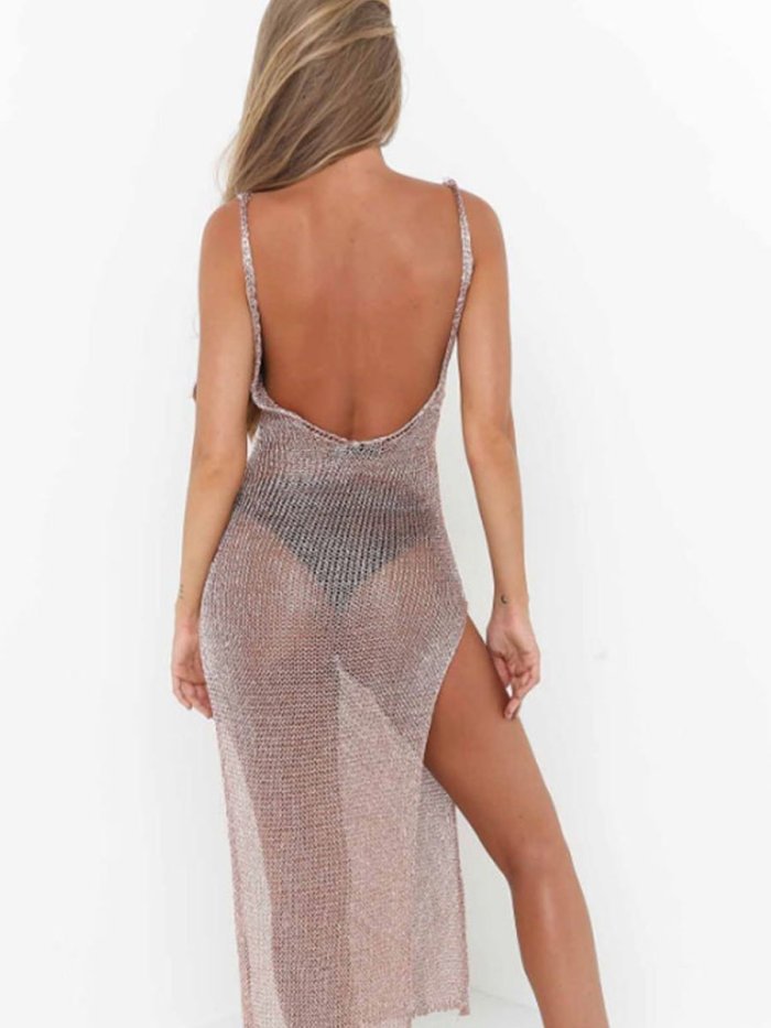 Spaghetti Strap  High Slit See Through  Plain  Sleeveless Bodycon Dresses