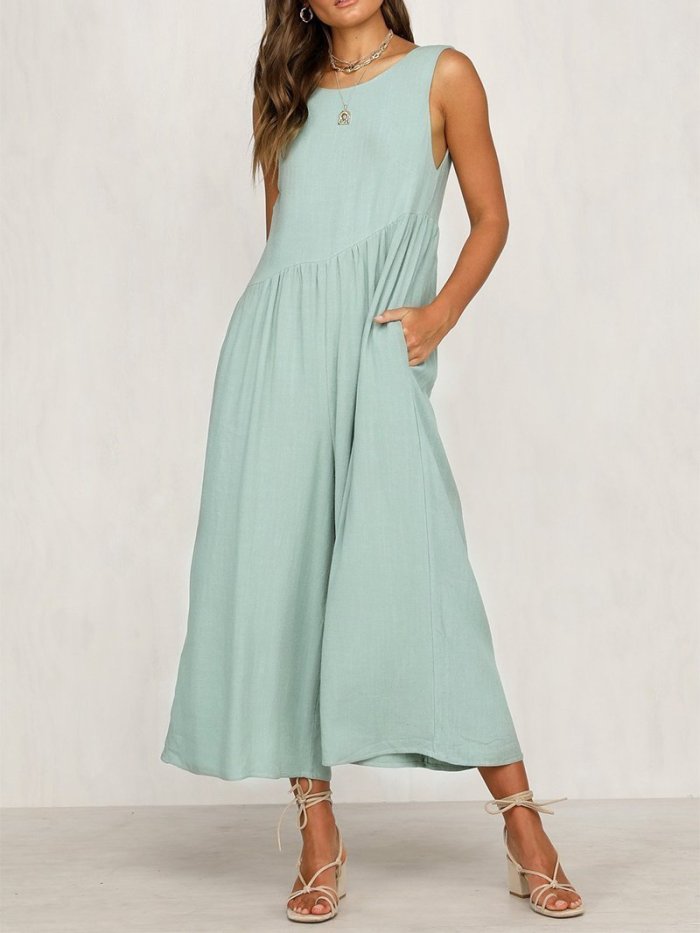 Fashion Pure Colour Sleeveless Vest Jumpsuits